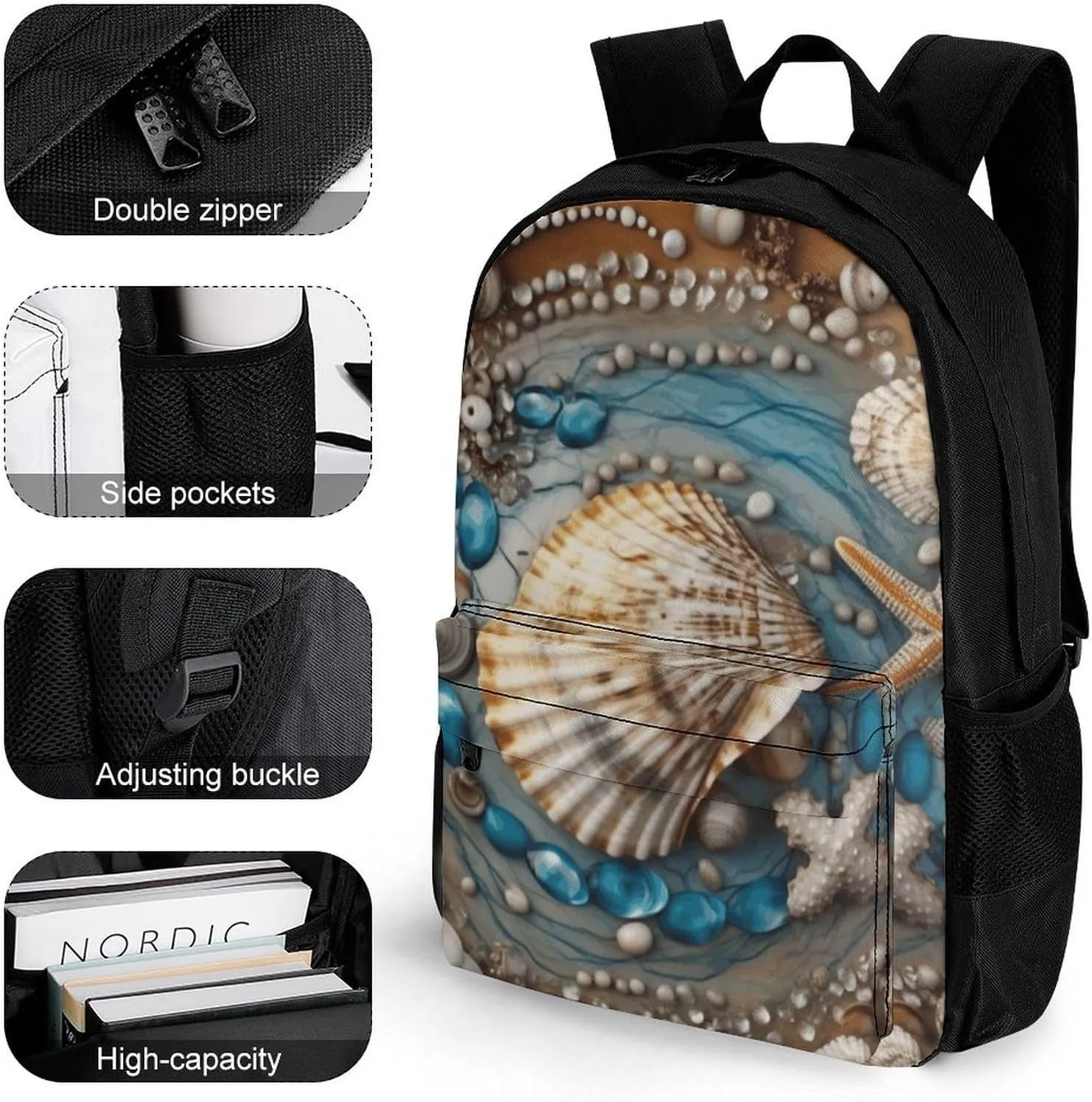 Laptop Backpack for Women Men Daypack Ocean Shell Art Backpacks Computer Bag Travel Laptop Bag Casual Work Bag