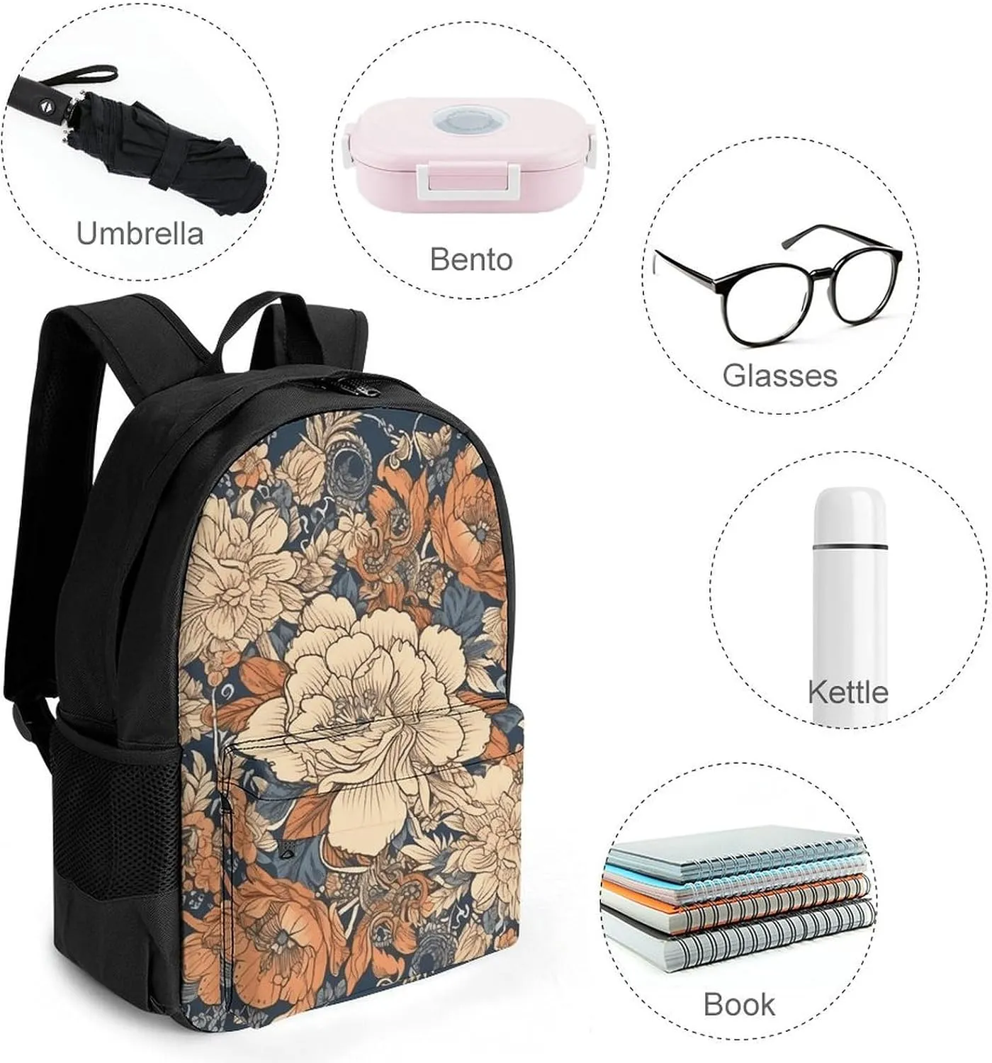 Laptop Backpack for Women Men Daypack Round Ornamental Flowers Backpacks Computer Bag Travel Laptop Bag Casual Work Bag