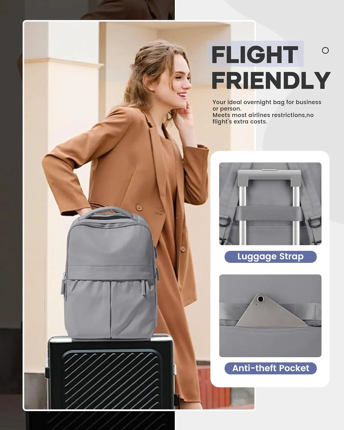 Laptop Backpack For Women Travel Backpack Carry On Flight Approved Gym Backpack Work Backpack For Men Personal Item Travel Bag Casual Daypack Backpacks College Backpack For Traveling On Airplane Grey