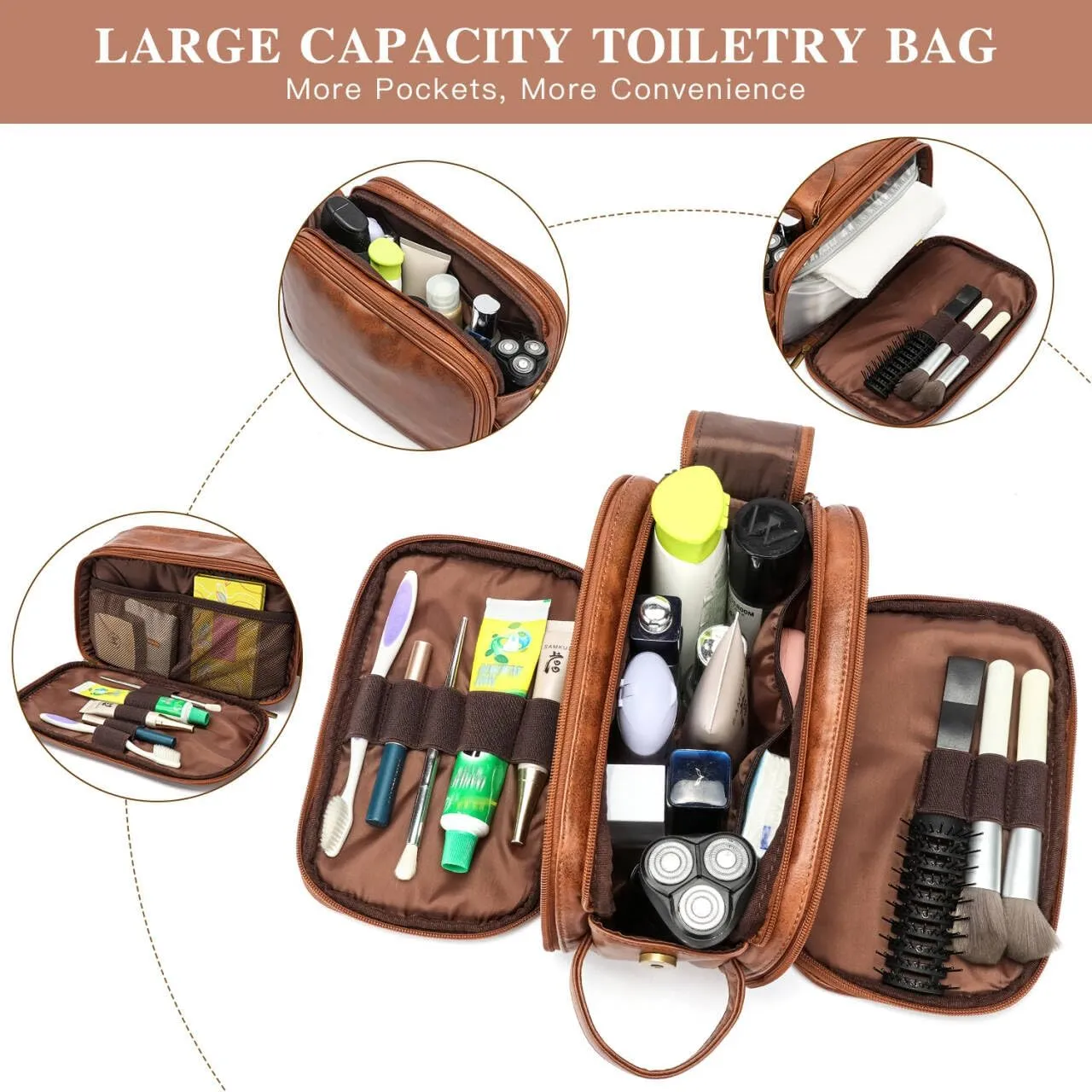 Laripwit Travel Toiletry Bag for Men Small PU Leather Shaving Dopp Kit Water-resistant Cosmetic Toiletries Organizer Pouch Bathroom Hygiene Case Gift for Mens Brown