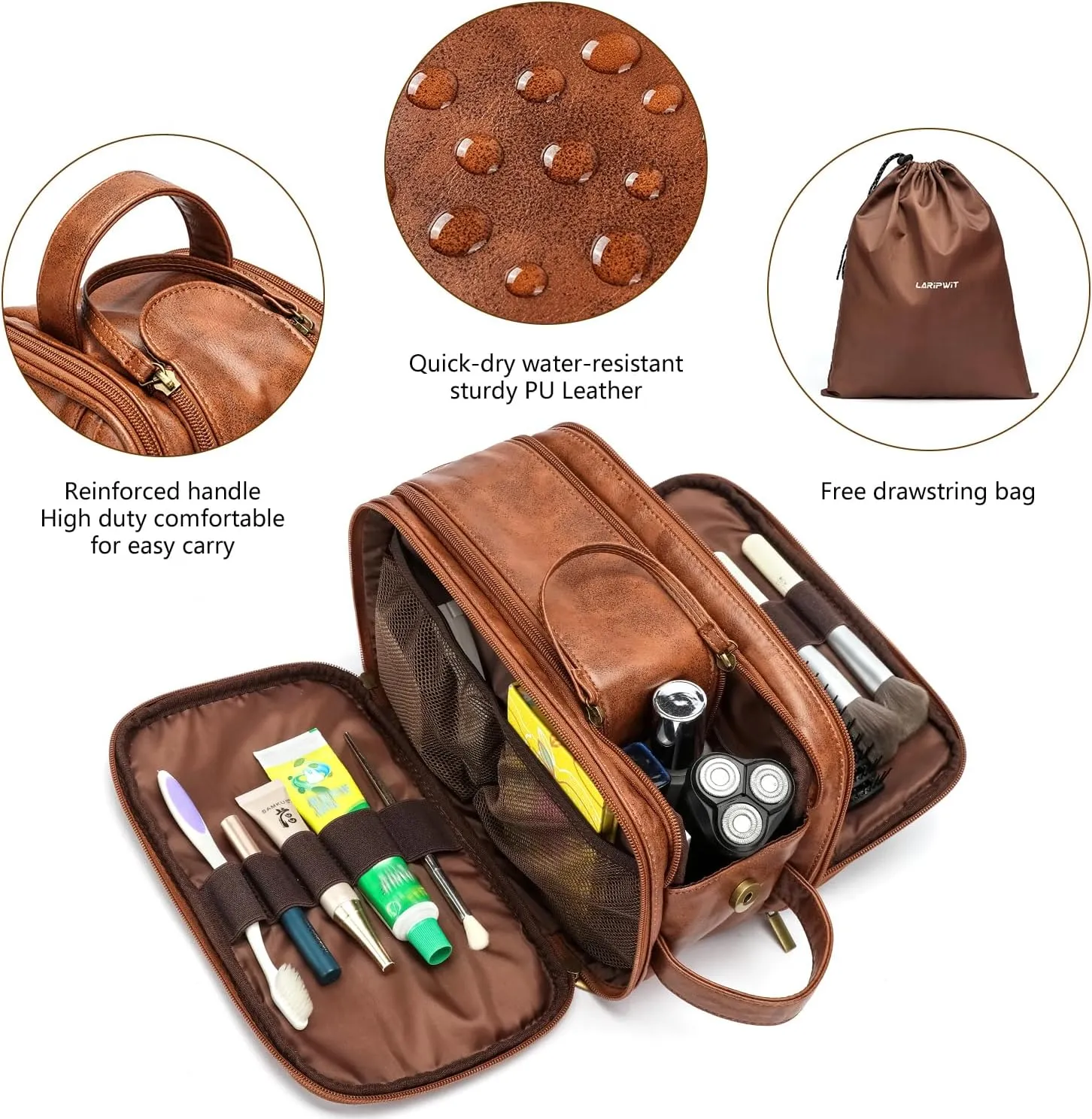 Laripwit Travel Toiletry Bag for Men Small PU Leather Shaving Dopp Kit Water-resistant Cosmetic Toiletries Organizer Pouch Bathroom Hygiene Case Gift for Mens Brown
