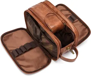 Laripwit Travel Toiletry Bag for Men Small PU Leather Shaving Dopp Kit Water-resistant Cosmetic Toiletries Organizer Pouch Bathroom Hygiene Case Gift for Mens Brown