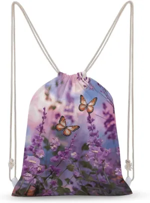 Lavender with Butterflies And Flowers Drawstring Backpack for Women Men Drawstring Bag for Travel Swimming Sports Gym Bag