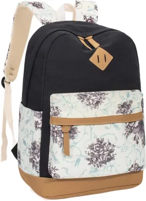 Leaper Girls Cute Backpack for School Laptop Backpack Canvas Travel Backpack for Women Kids Backpack College Kawaii Bookbag School Bags Floral Black