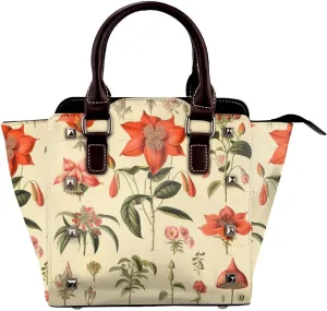 Leather Shoulder Bag for Women, Antique Botanical Lithography Studded Purse Wildflower Plant Crossbody Handbags Punk Hobo Bag with Adjustable Strap