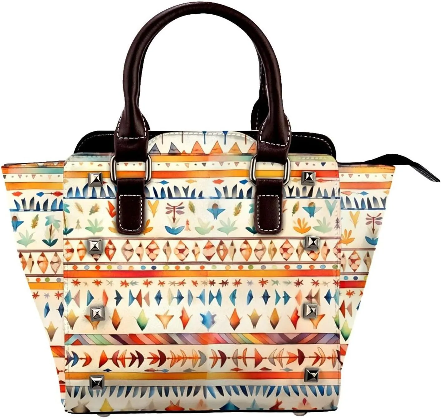 Leather Shoulder Bag for Women, Colorful Maple Arrows Studded Purse Ethnic Geometric Crossbody Handbags Punk Hobo Bag with Adjustable Strap