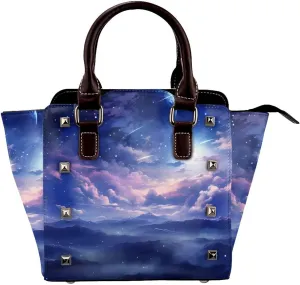 Leather Shoulder Bag for Women, Cosmic Starry Sky Studded Purse Space Nebula Crossbody Handbags Punk Hobo Bag with Adjustable Strap