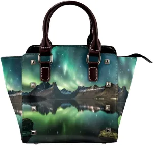 Leather Shoulder Bag for Women, Galaxy Aurora Studded Purse Northern light Crossbody Handbags Punk Hobo Bag with Adjustable Strap