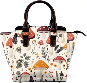 Leather Shoulder Bag for Women, Mushroom Fern Leaves Studded Purse Autumn Mushroom Crossbody Handbags Punk Hobo Bag with Adjustable Strap