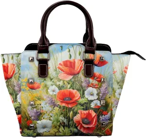 Leather Shoulder Bag for Women, Poppy Herb Studded Purse Spring Meadow Crossbody Handbags Punk Hobo Bag with Adjustable Strap