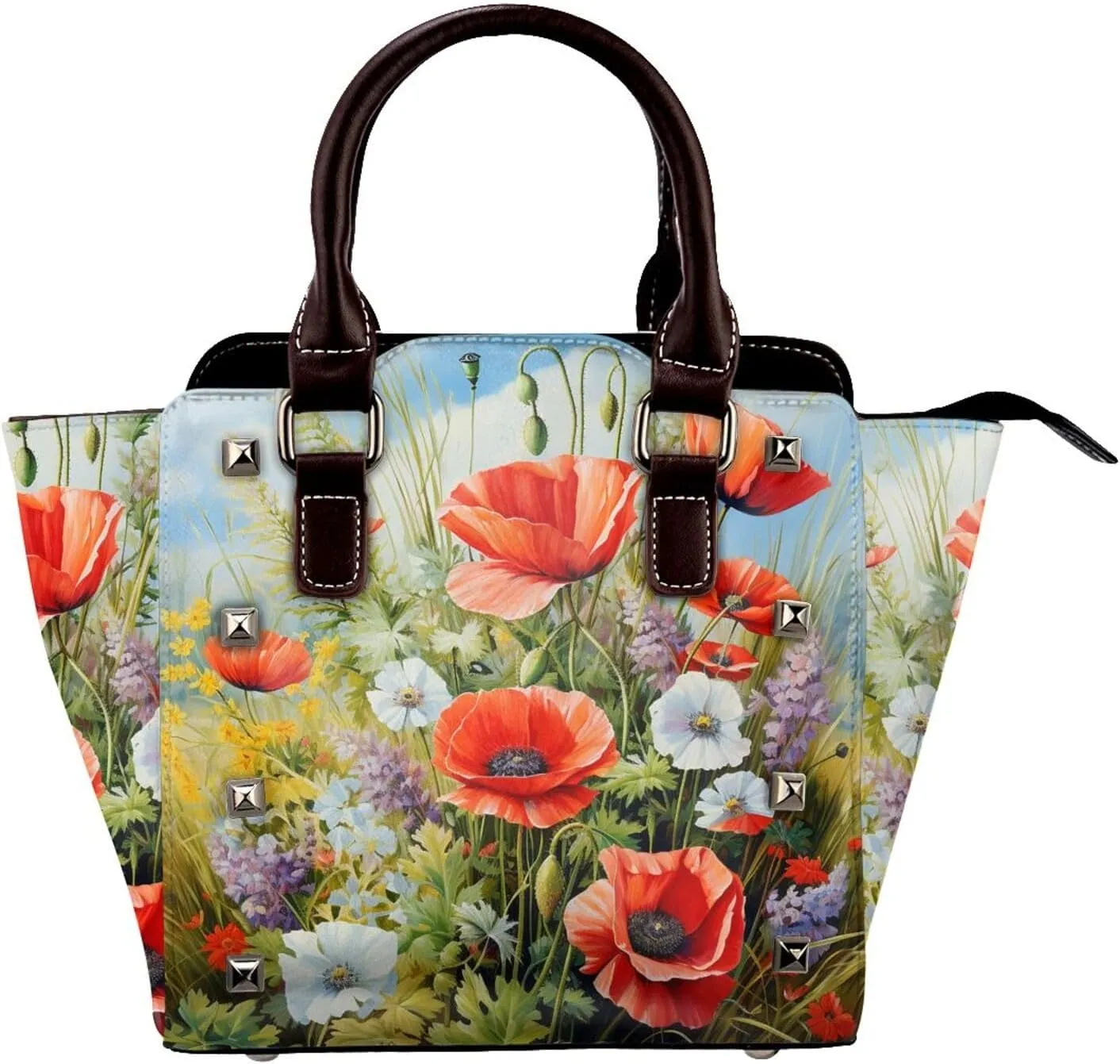 Leather Shoulder Bag for Women, Poppy Herb Studded Purse Spring Meadow Crossbody Handbags Punk Hobo Bag with Adjustable Strap