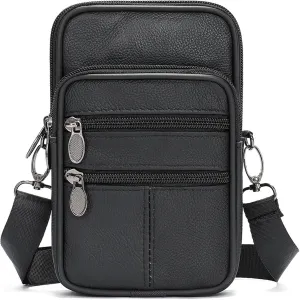 Leather Waist Bag Shoulder Male Fanny Pack Phone Small Crossbody Messenger Bag Vintage Business Belt Pouch Pocket For Outings(3103-black)