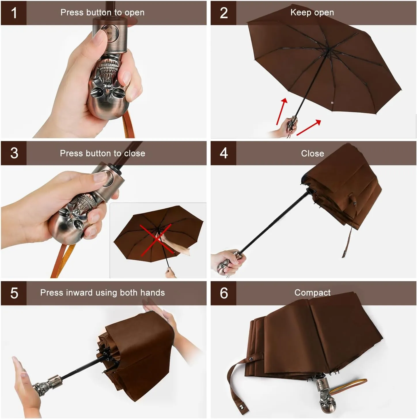Lejorain Mens Black Skull Umbrella - Automatic Luxury Travel Windproof Umbrella Compact - Portable Strong Lightweight Rain Umbrella for Adults