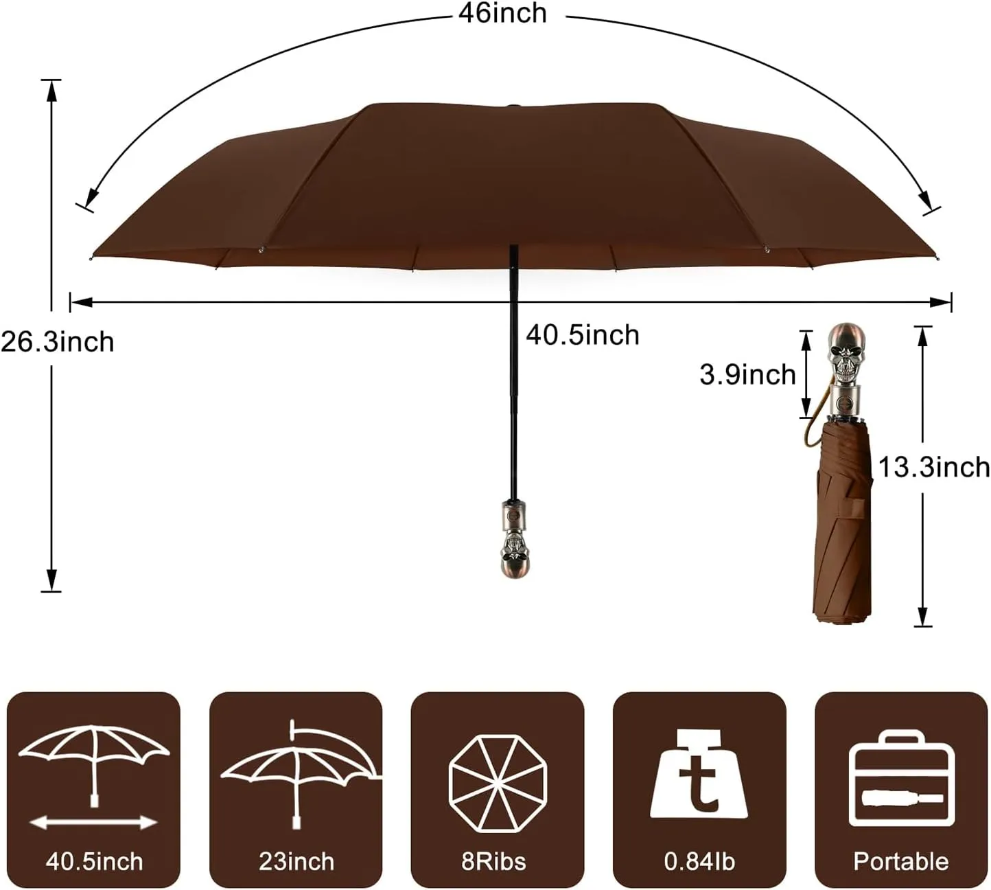 Lejorain Mens Black Skull Umbrella - Automatic Luxury Travel Windproof Umbrella Compact - Portable Strong Lightweight Rain Umbrella for Adults