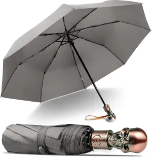 Lejorain Mens Black Skull Umbrella - Automatic Luxury Travel Windproof Umbrella Compact - Portable Strong Lightweight Rain Umbrella for Adults