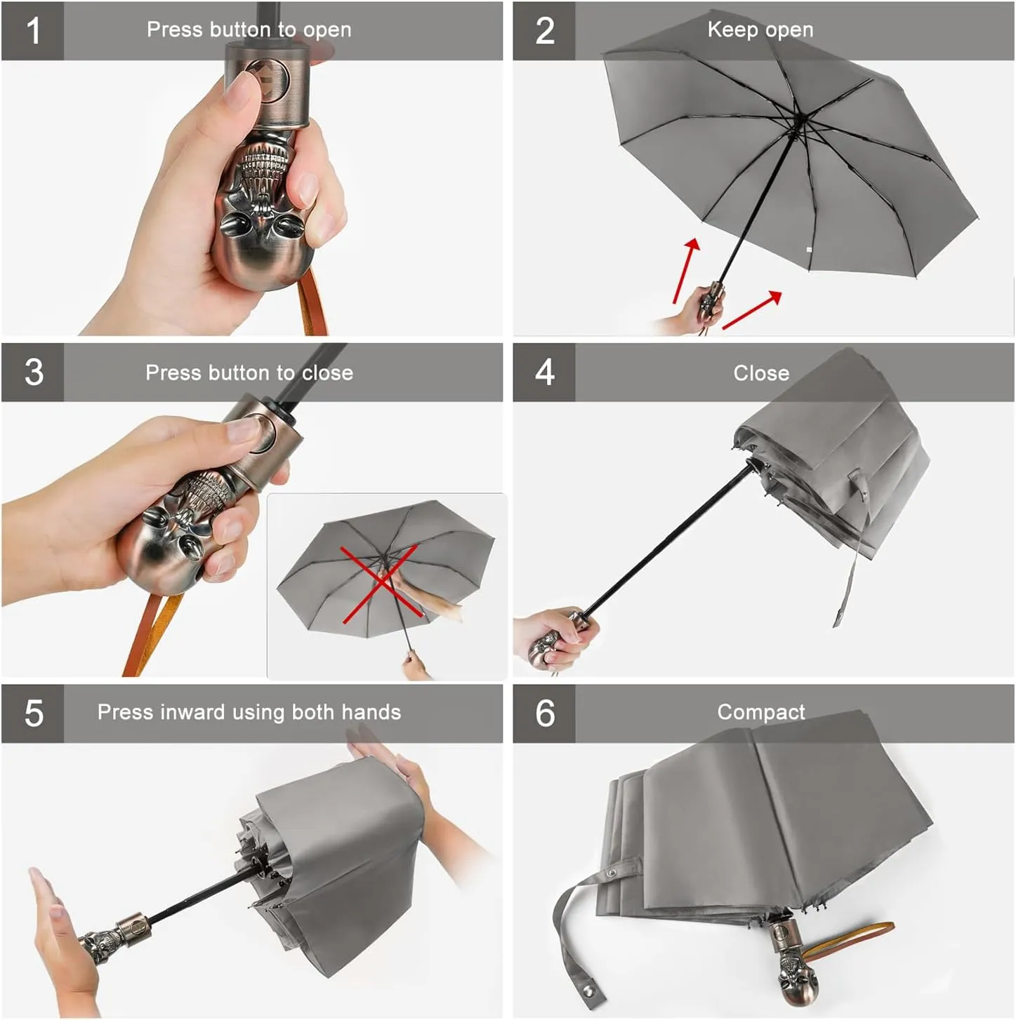 Lejorain Mens Black Skull Umbrella - Automatic Luxury Travel Windproof Umbrella Compact - Portable Strong Lightweight Rain Umbrella for Adults