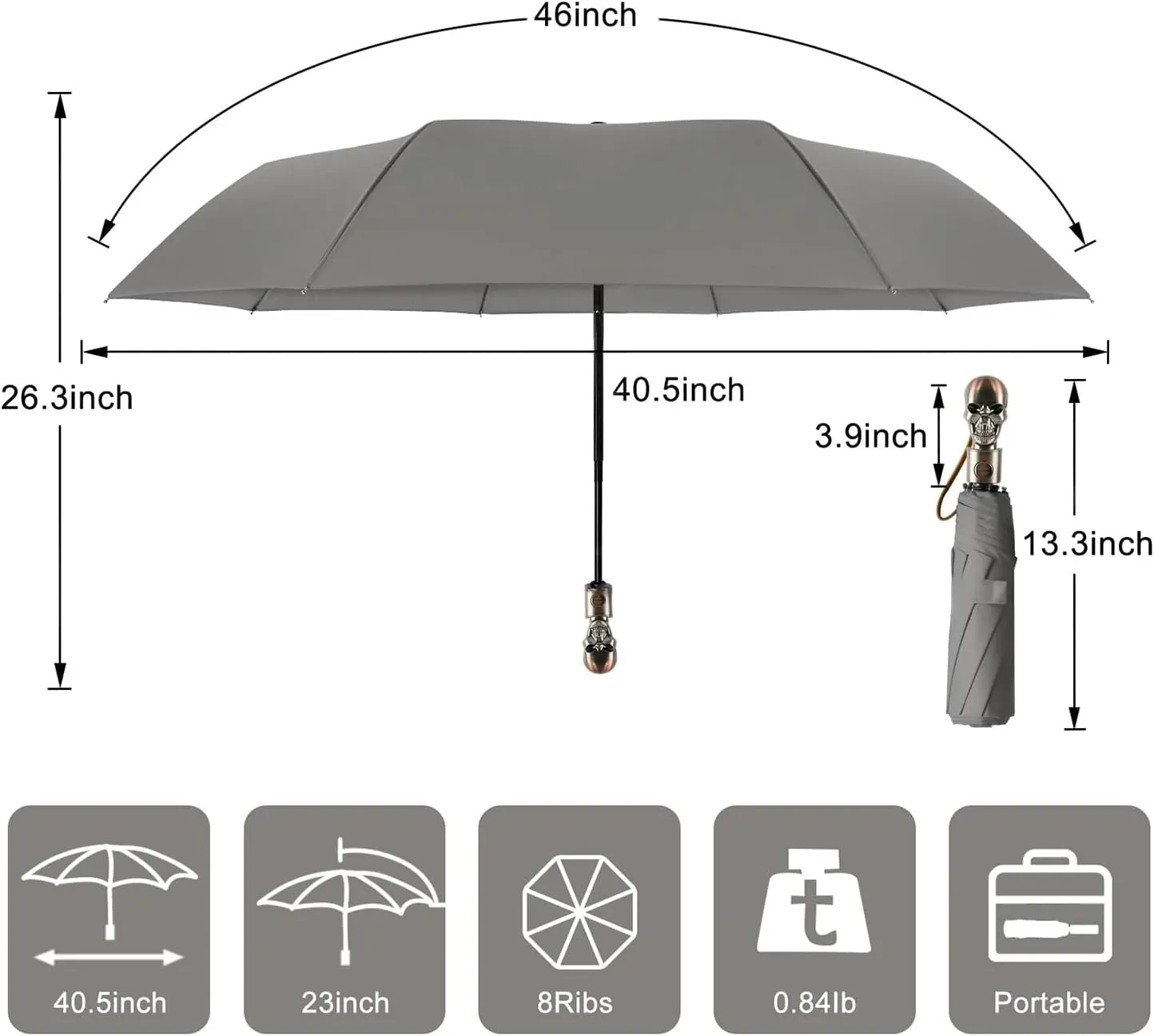 Lejorain Mens Black Skull Umbrella - Automatic Luxury Travel Windproof Umbrella Compact - Portable Strong Lightweight Rain Umbrella for Adults