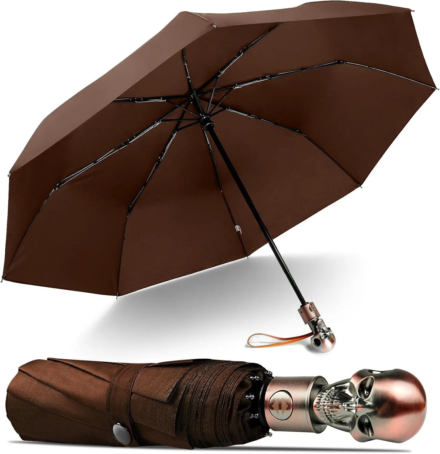 Lejorain Mens Black Skull Umbrella - Automatic Luxury Travel Windproof Umbrella Compact - Portable Strong Lightweight Rain Umbrella for Adults
