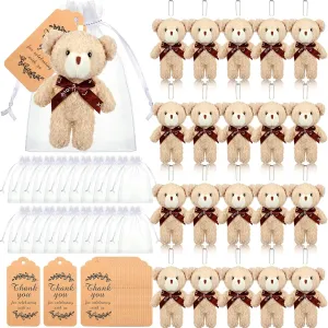 Lenwen 60 Pcs Tiny Stuffed Bear Baby Shower Decorations, Include 20 Pcs Soft Bear Doll 20 Pcs White Organza Bag 20 Pcs Thank You Tag for Birthday Party Wedding Valentine‘s Day (4.7 Inch)