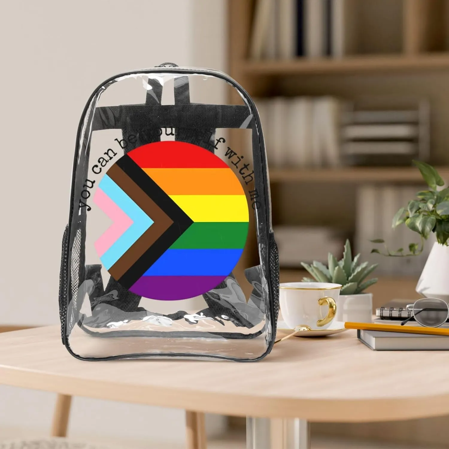 LGBT Pride Rainbow Gay You can be yourself with me 16 Inch Clear PVC Backpacks Transparent Backpack Multipurpose Double Shoulder Bag for Men Women Gifts