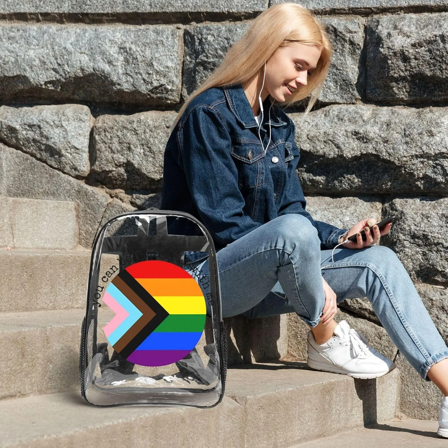 LGBT Pride Rainbow Gay You can be yourself with me 16 Inch Clear PVC Backpacks Transparent Backpack Multipurpose Double Shoulder Bag for Men Women Gifts