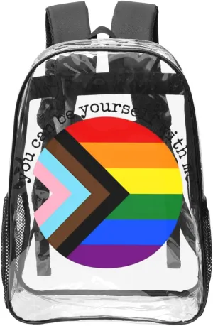 LGBT Pride Rainbow Gay You can be yourself with me 16 Inch Clear PVC Backpacks Transparent Backpack Multipurpose Double Shoulder Bag for Men Women Gifts