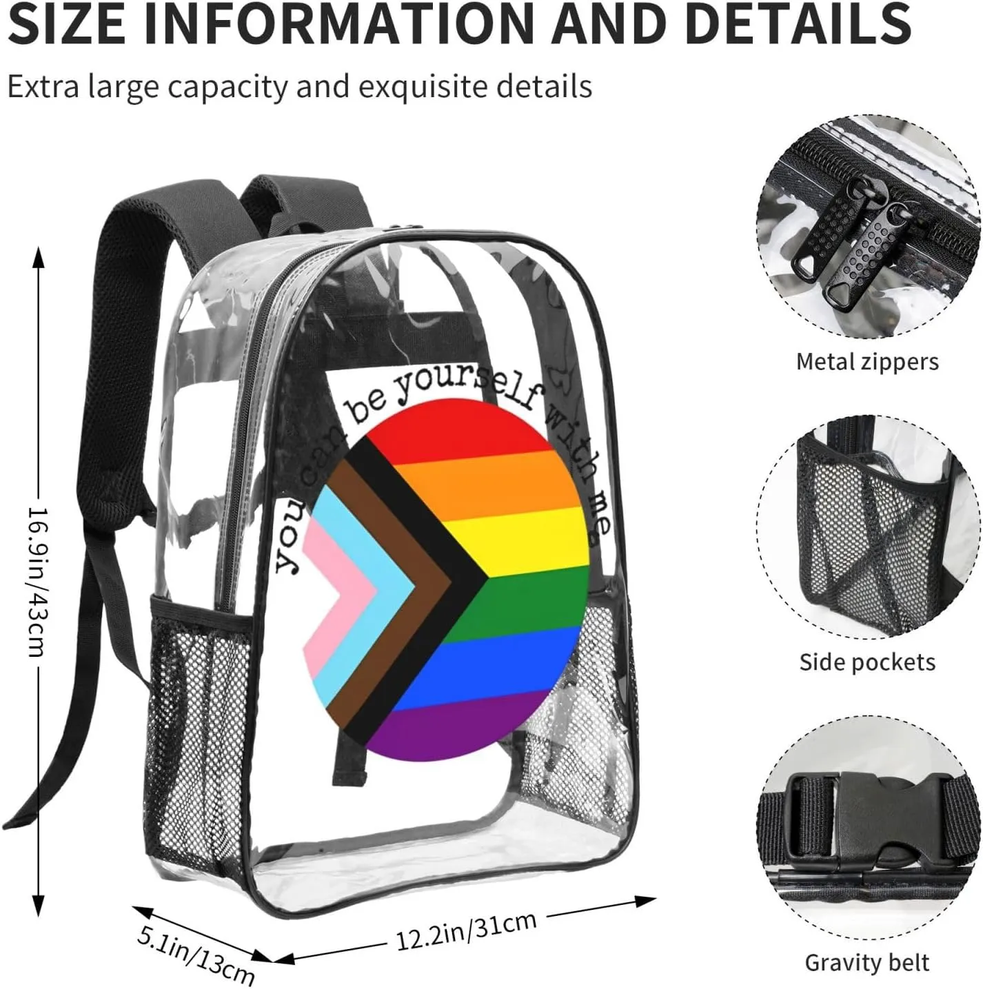 LGBT Pride Rainbow Gay You can be yourself with me 16 Inch Clear PVC Backpacks Transparent Backpack Multipurpose Double Shoulder Bag for Men Women Gifts
