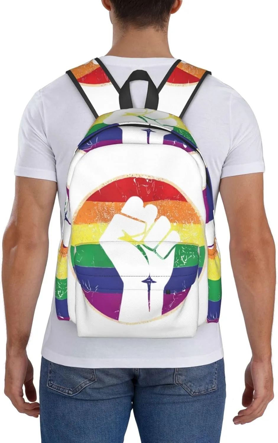 LGBT Rainbow Gay Pride Flag Hand Clenched Fist Support 17 Inch Casual Backpack Laptop Backpacks Travel Back Pack Large Camping Rucksack Hiking Daypack Lightweight Double Shoulder Bag