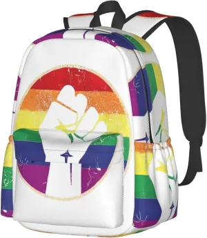 LGBT Rainbow Gay Pride Flag Hand Clenched Fist Support 17 Inch Casual Backpack Laptop Backpacks Travel Back Pack Large Camping Rucksack Hiking Daypack Lightweight Double Shoulder Bag