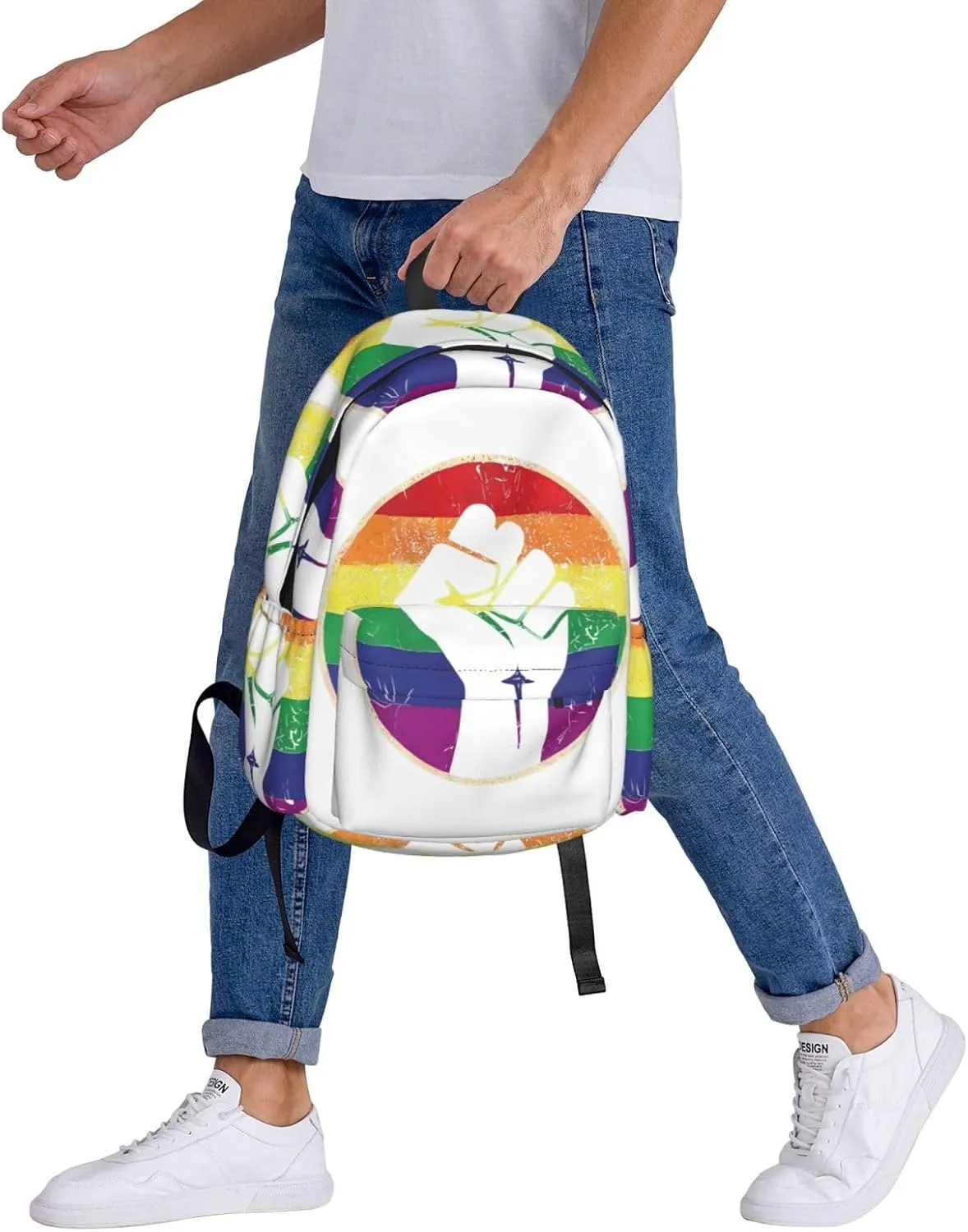 LGBT Rainbow Gay Pride Flag Hand Clenched Fist Support 17 Inch Casual Backpack Laptop Backpacks Travel Back Pack Large Camping Rucksack Hiking Daypack Lightweight Double Shoulder Bag