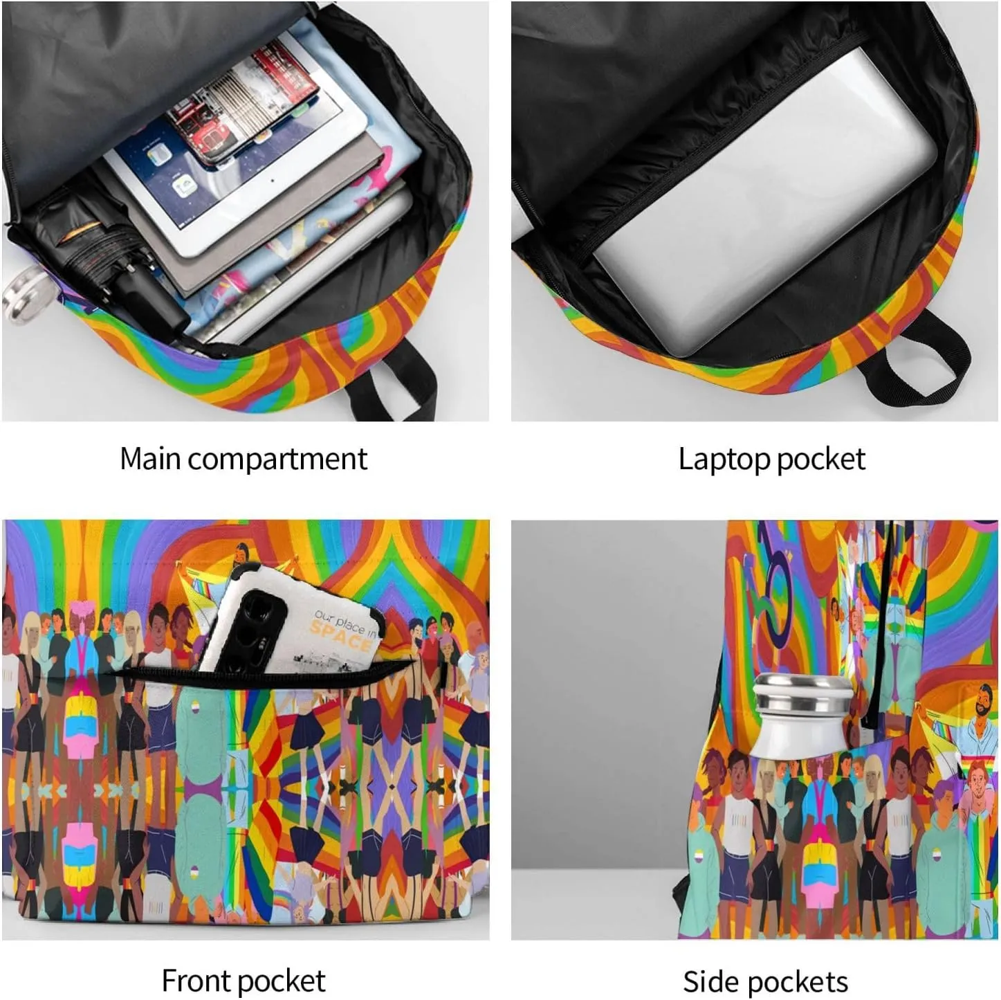 LGBT Rainbow Gay Pride Flag People Together 17 Inch Casual Backpack Laptop Backpacks Travel Back Pack Large Camping Rucksack Hiking Daypack Lightweight Double Shoulder Bag