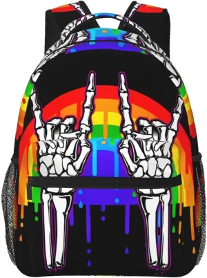 Lgbt Rainbow Gay Pride Flag Rock Skeleton Skull Gesture Backpacks 15 Inch Laptop Backpack Multipurpose Double Shoulder Bag For Men Women Gifts