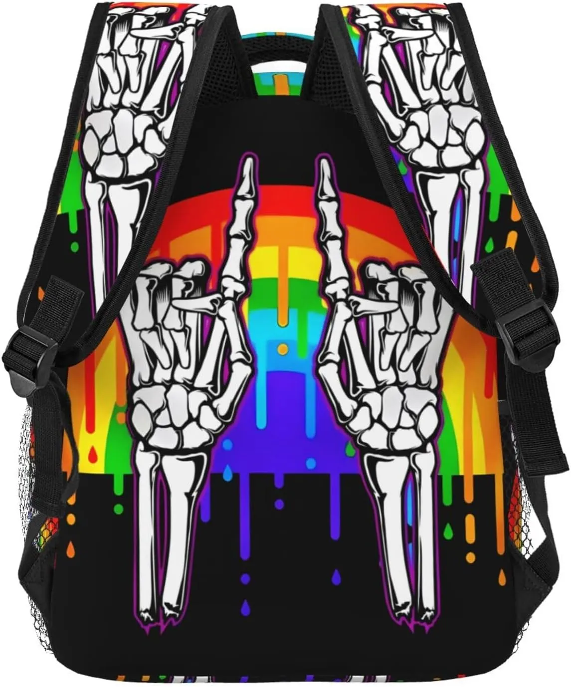 Lgbt Rainbow Gay Pride Flag Rock Skeleton Skull Gesture Backpacks 15 Inch Laptop Backpack Multipurpose Double Shoulder Bag For Men Women Gifts