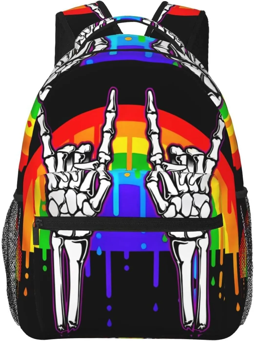 Lgbt Rainbow Gay Pride Flag Rock Skeleton Skull Gesture Backpacks 15 Inch Laptop Backpack Multipurpose Double Shoulder Bag For Men Women Gifts