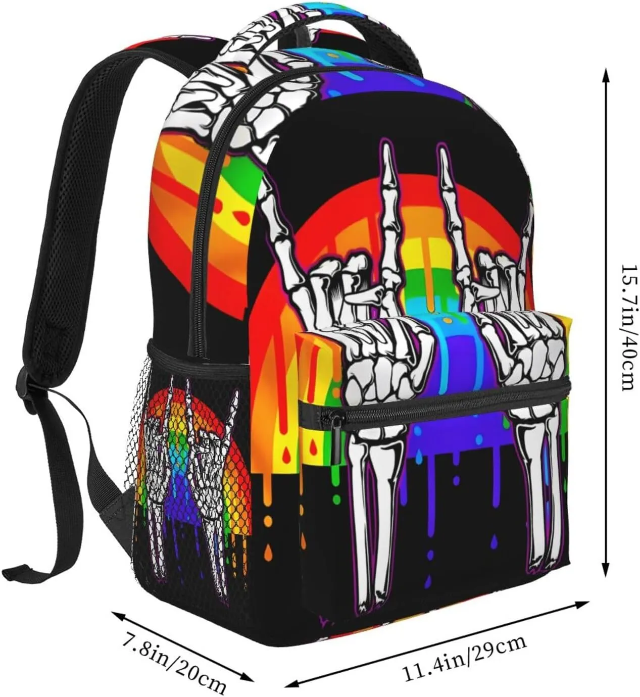 Lgbt Rainbow Gay Pride Flag Rock Skeleton Skull Gesture Backpacks 15 Inch Laptop Backpack Multipurpose Double Shoulder Bag For Men Women Gifts
