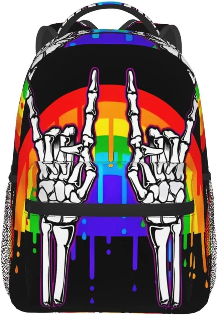 Lgbt Rainbow Gay Pride Flag Rock Skeleton Skull Gesture Backpacks 15 Inch Laptop Backpack Multipurpose Double Shoulder Bag For Men Women Gifts