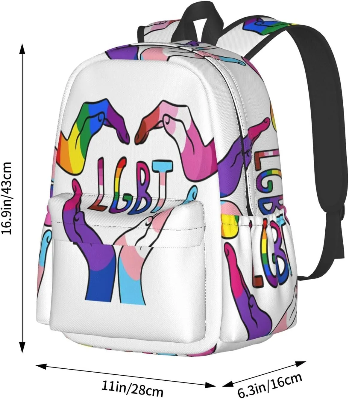LGBT Rainbow Gay Pride Heart Gesture 17 Inch Casual Backpack Laptop Backpacks Travel Back Pack Large Camping Rucksack Hiking Daypack Lightweight Double Shoulder Bag