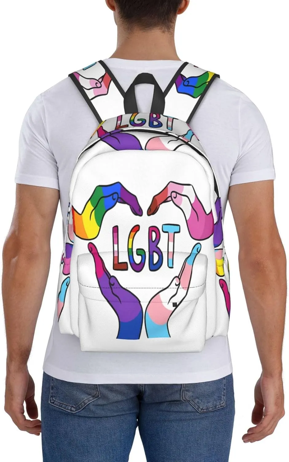 LGBT Rainbow Gay Pride Heart Gesture 17 Inch Casual Backpack Laptop Backpacks Travel Back Pack Large Camping Rucksack Hiking Daypack Lightweight Double Shoulder Bag