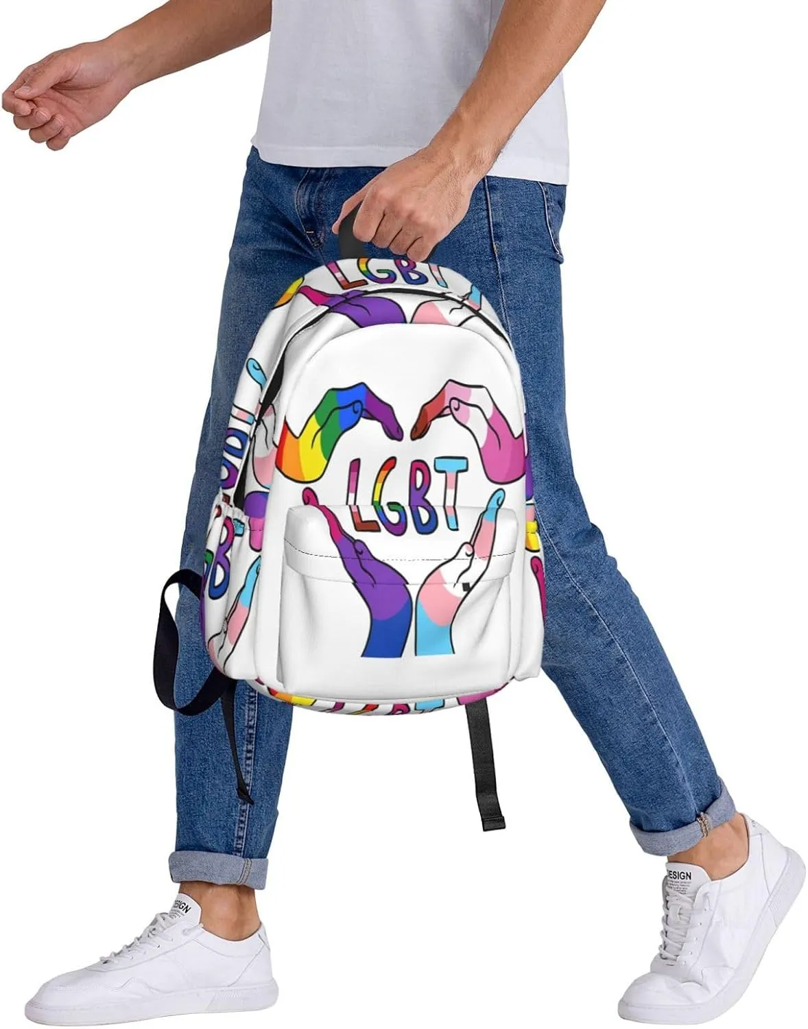 LGBT Rainbow Gay Pride Heart Gesture 17 Inch Casual Backpack Laptop Backpacks Travel Back Pack Large Camping Rucksack Hiking Daypack Lightweight Double Shoulder Bag