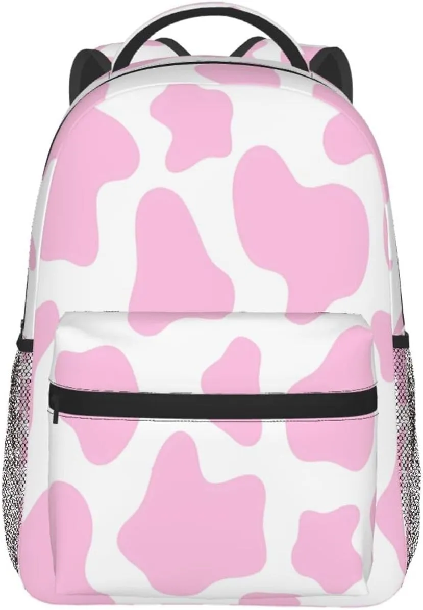 Light Pink Strawberry Cow Print Casual Backpack Sport Backpacks Work Travel Rucksack Lightweight Laptop Daypack Adjustable Straps Bags with Pockets for Cycling Hiking