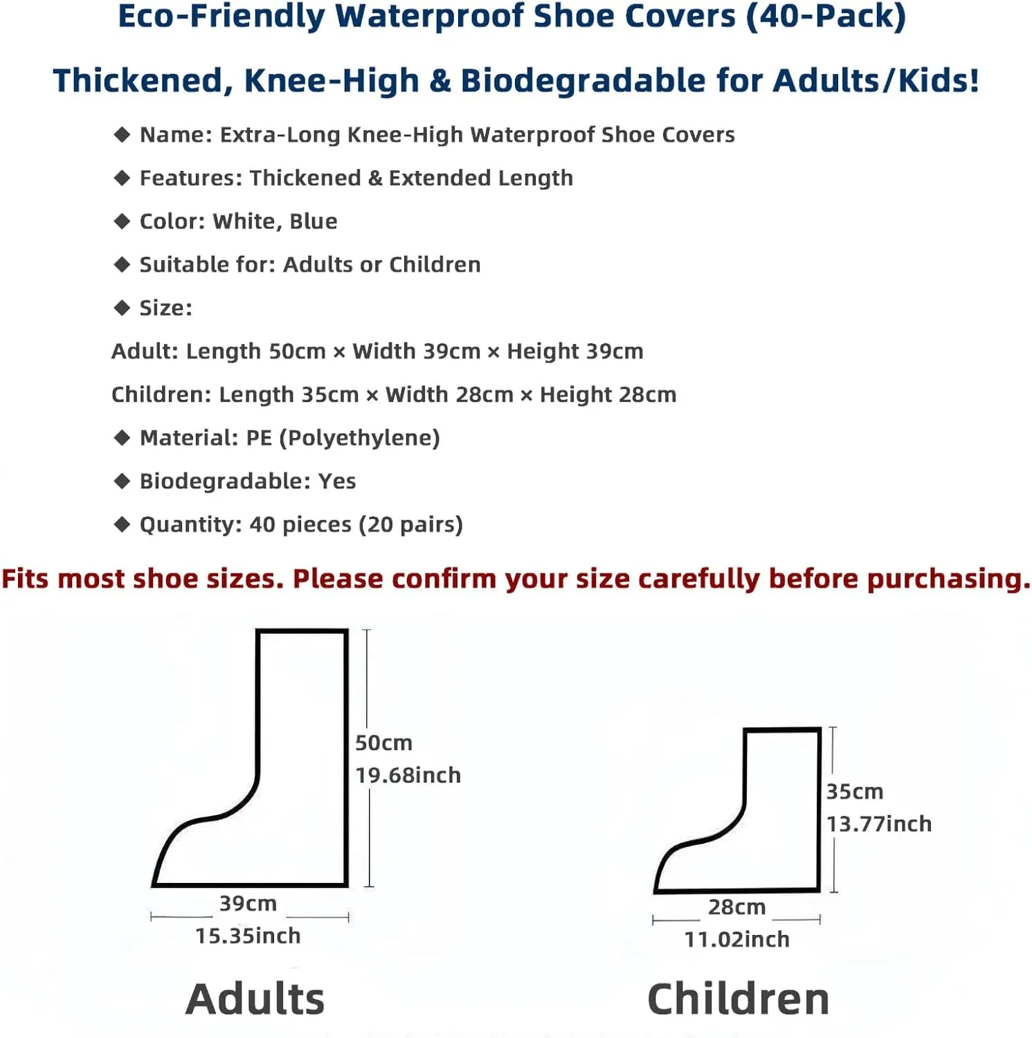 Lightweight Shoe Covers for School, 20 Pairs Disposable Waterproof PE Shoe Covers, Extra-Long, Non-Slip Sole, Universal Sizes for Outdoor Work,White,Adults