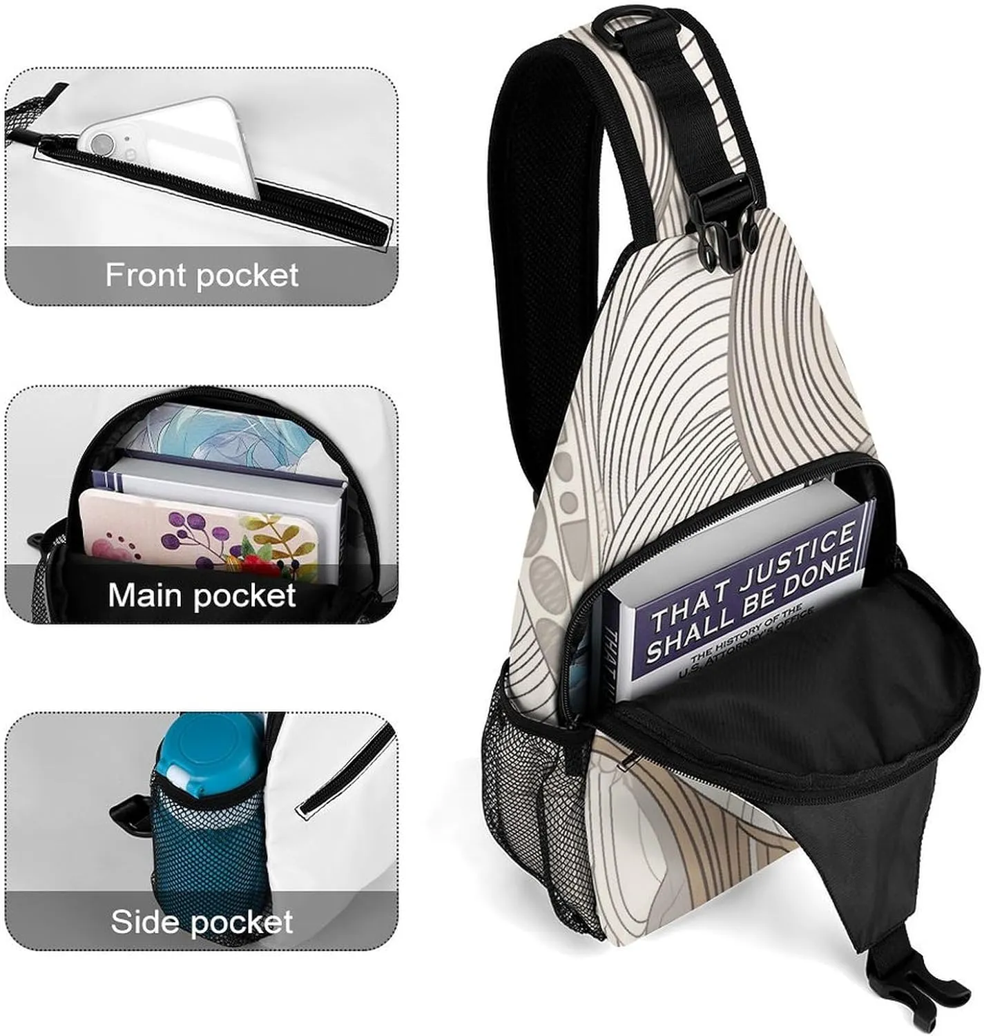 Linear Texture Beige Sling Bag Lightweight Crossbody Chest Pack Travel Shoulder Bag with Adjustable Strap