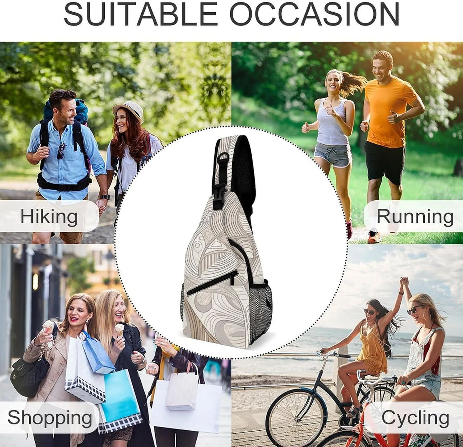 Linear Texture Beige Sling Bag Lightweight Crossbody Chest Pack Travel Shoulder Bag with Adjustable Strap