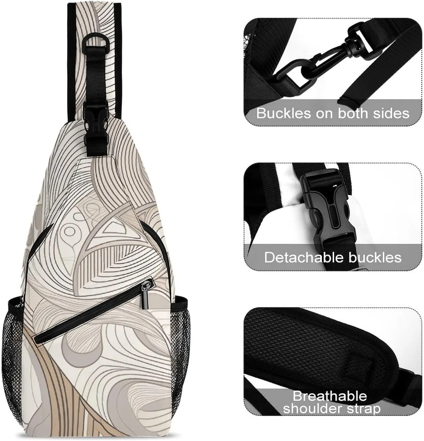 Linear Texture Beige Sling Bag Lightweight Crossbody Chest Pack Travel Shoulder Bag with Adjustable Strap