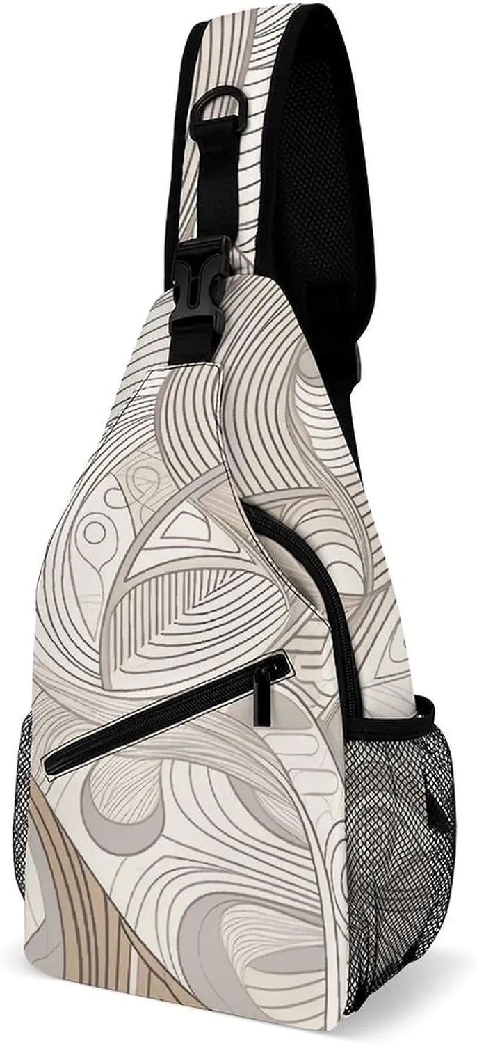 Linear Texture Beige Sling Bag Lightweight Crossbody Chest Pack Travel Shoulder Bag with Adjustable Strap