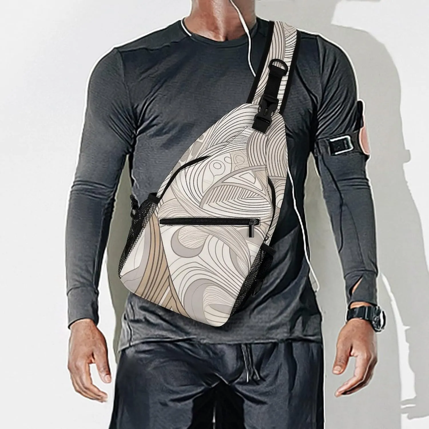 Linear Texture Beige Sling Bag Lightweight Crossbody Chest Pack Travel Shoulder Bag with Adjustable Strap