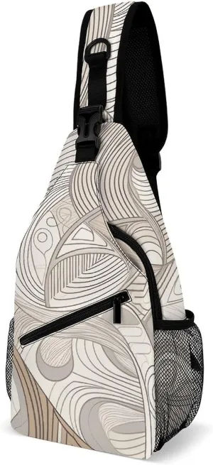 Linear Texture Beige Sling Bag Lightweight Crossbody Chest Pack Travel Shoulder Bag with Adjustable Strap