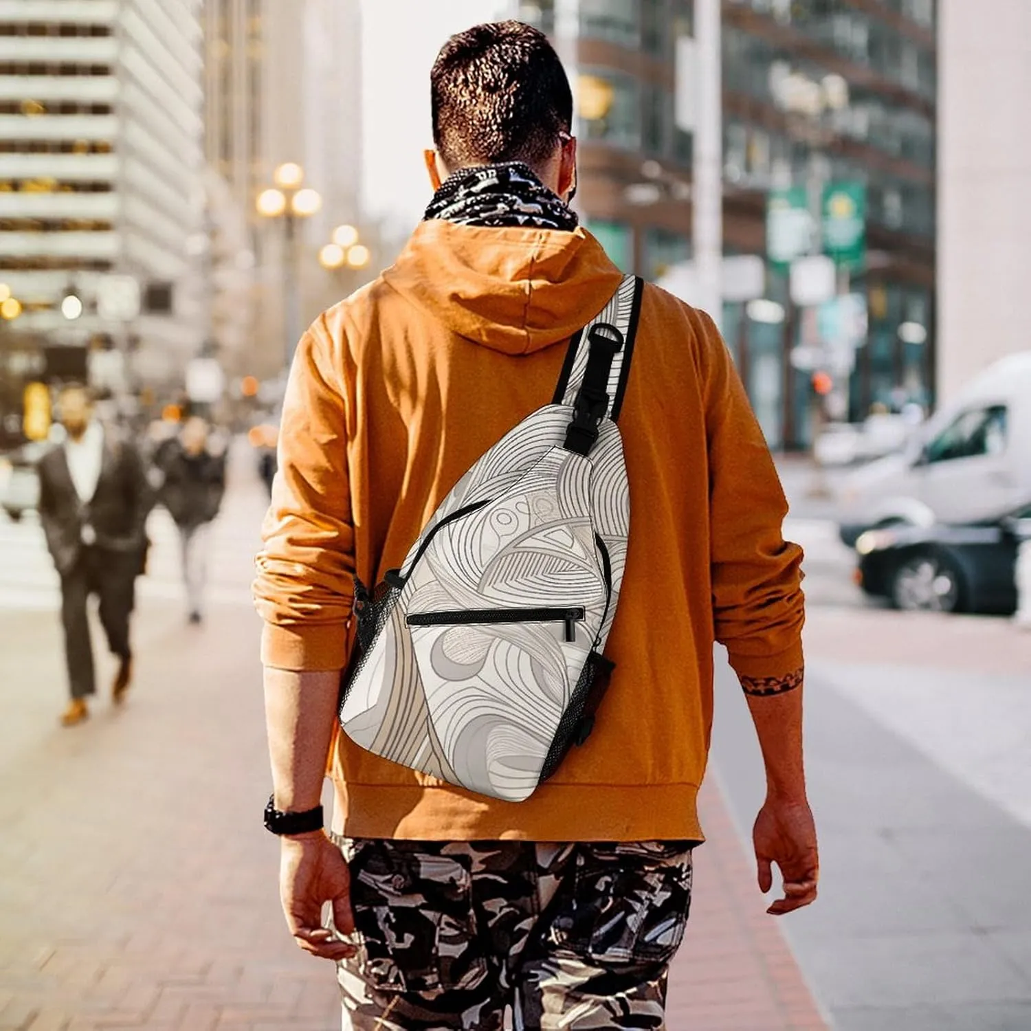 Linear Texture Beige Sling Bag Lightweight Crossbody Chest Pack Travel Shoulder Bag with Adjustable Strap