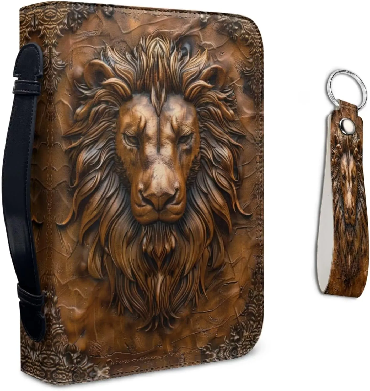 Lotusorchid Lion Print Bible Case for Men with Leather Keychain, PU Leather Bible Carrying Case Bible Tote Bag Church Bag with Zipper Handle, Bible Book Cover for Bible Study, Brown, Size XL