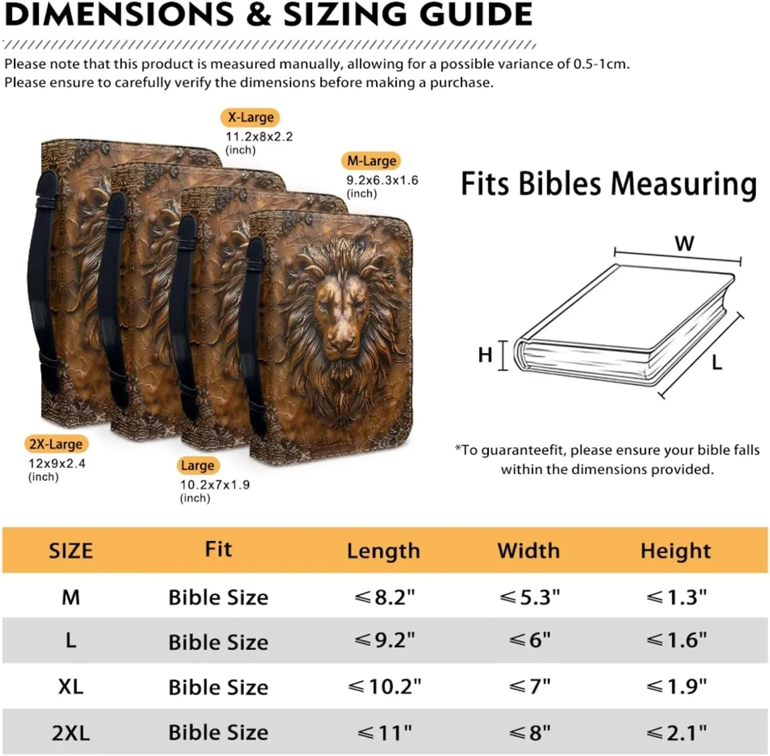 Lotusorchid Lion Print Bible Case for Men with Leather Keychain, PU Leather Bible Carrying Case Bible Tote Bag Church Bag with Zipper Handle, Bible Book Cover for Bible Study, Brown, Size XL
